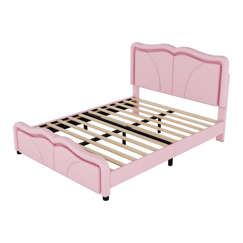 Nestfair Upholstered Platform Bed with Curve Shaped and Height-adjustbale Headboard and LED Light Strips