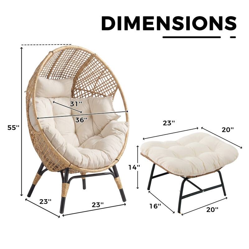 Oversized Wicker Egg Chair with Ottoman and Cushions, Stationary Boho Indoor/Outdoor Lounge Chair