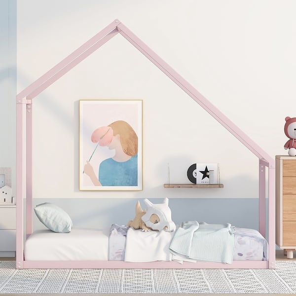 slide 2 of 8, Minimal Design Metal Twin House Bed for Kids Pink