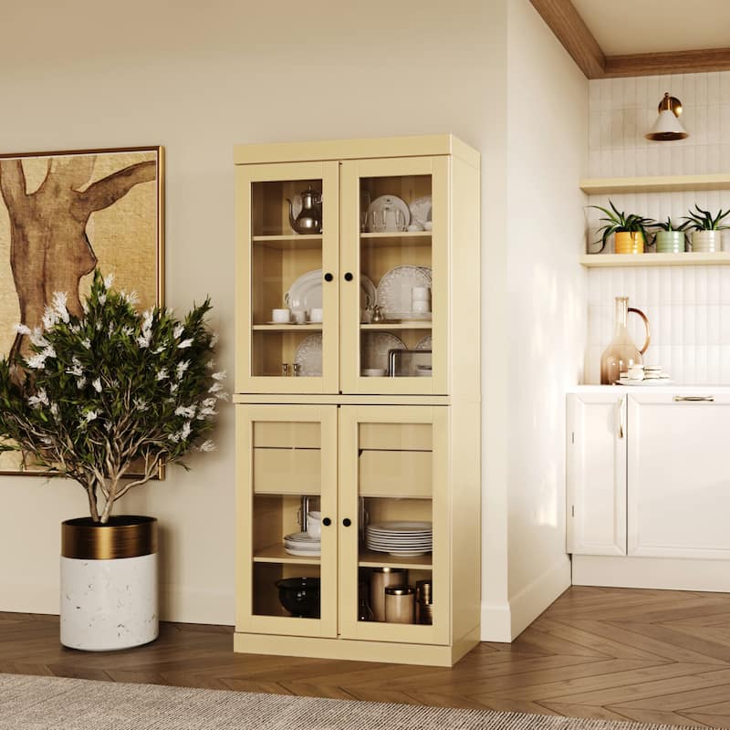 Palace Imports 100% Solid Wood Pantry Cabinet with Frosted, Clear Glass or Solid Doors, 2-Drawers and Adjustable Shelves