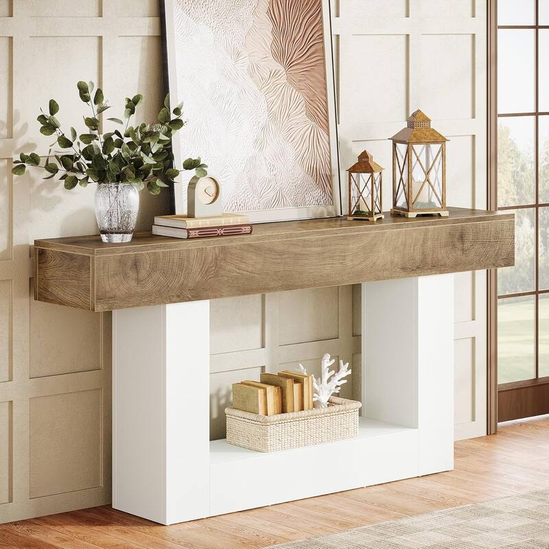 63 Inches Brown/ Gray Wood Hallway Table, Farmhouse Console Table for Entryway