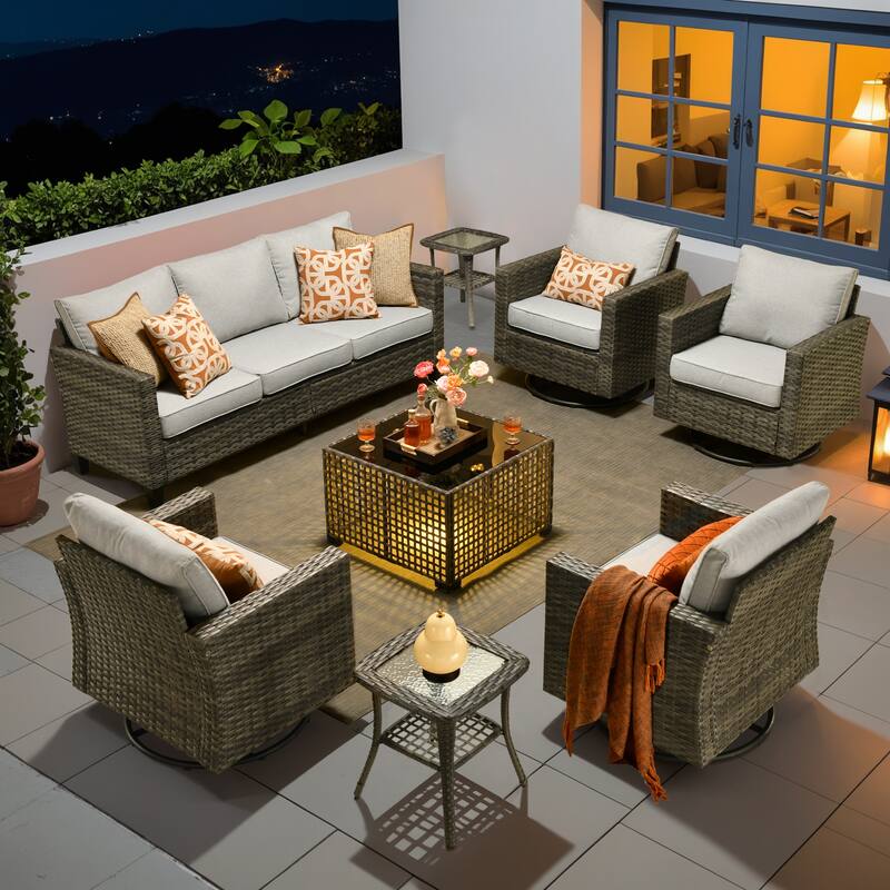OVIOS 8 Pieces Outdoor Swivel Chair Set with Solar-Powered Table