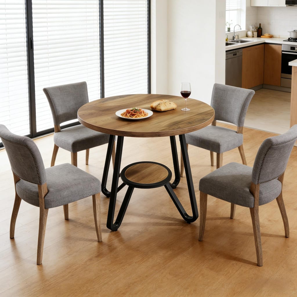 Round Dining Table with Storage Shelf, Home Office Table Meeting Table, Kitchen Table with Metal Base