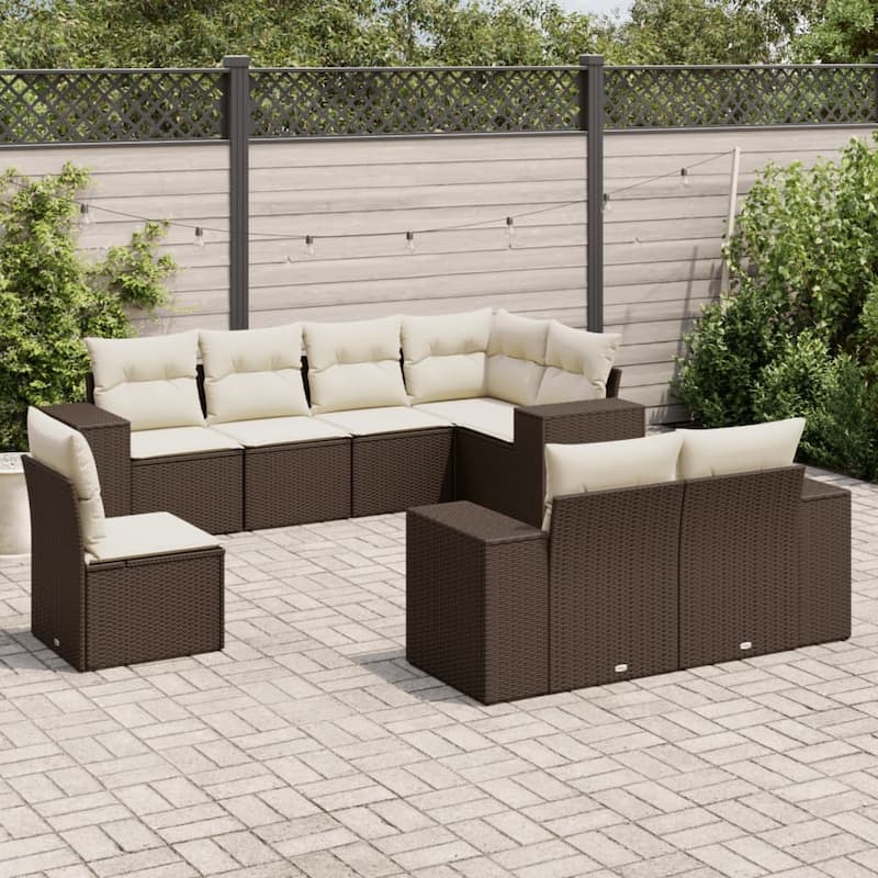 vidaXL Patio Sofa Set with Cushions Outdoor Conversation Furniture Poly Rattan - Brown and cream - 102.4 x 36.6 x 27.2