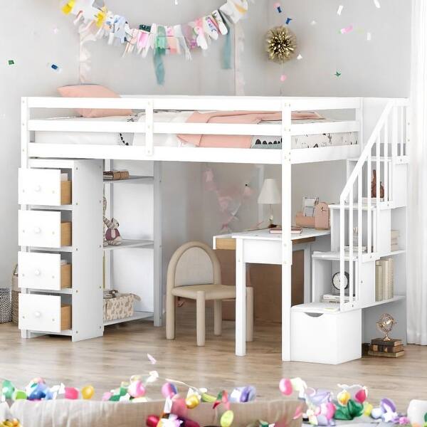 slide 2 of 20, Twin size Loft Bed with Storage Drawers ,Desk and Stairs, Wooden Loft Bed with Shelves, No box spring required- White White