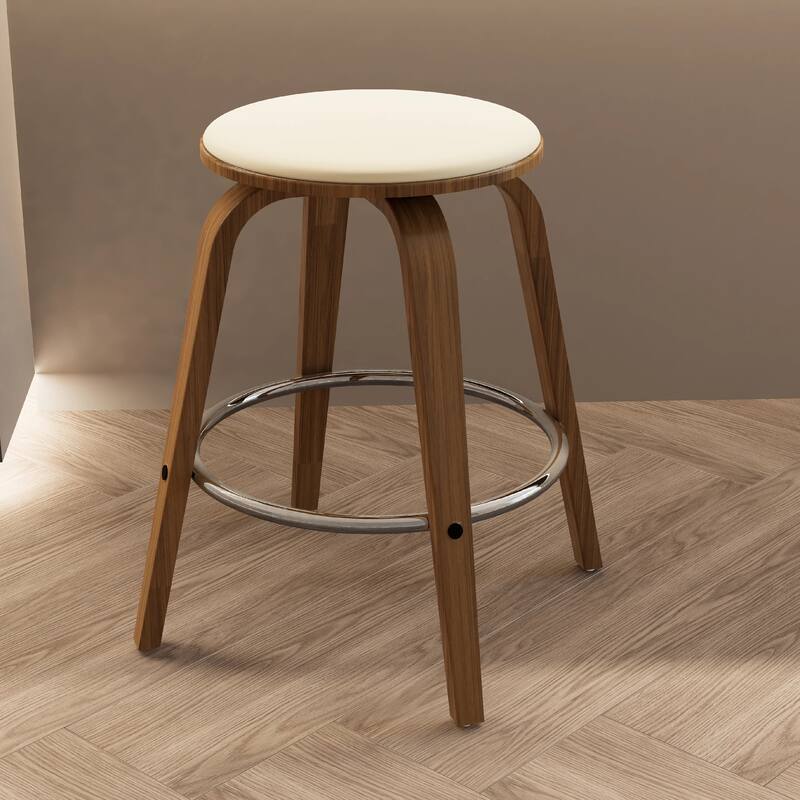 Pelya Leather Swivel Round Counter Stool with Wood Legs and Chrome Footrest for Kitchen Island or Dining Area Set of 2