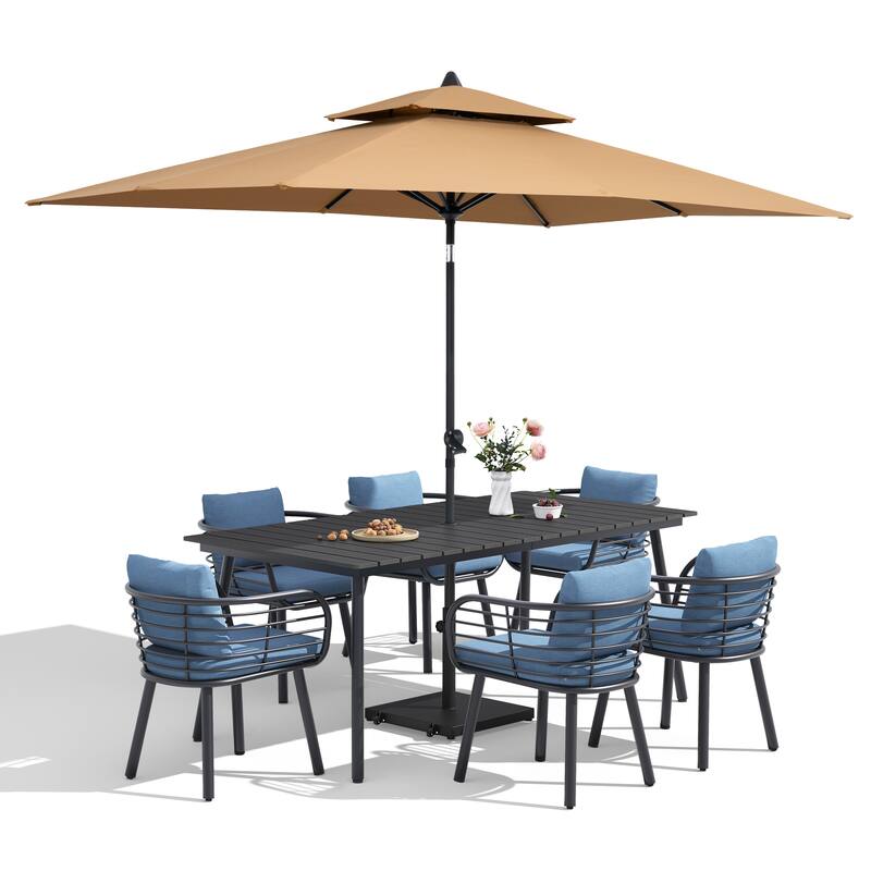 9-Piece Outdoor Patio Dining Set w/10 ft Umbrella and Base Aluminum Dining Table and Chairs with Sunbrella Cushion