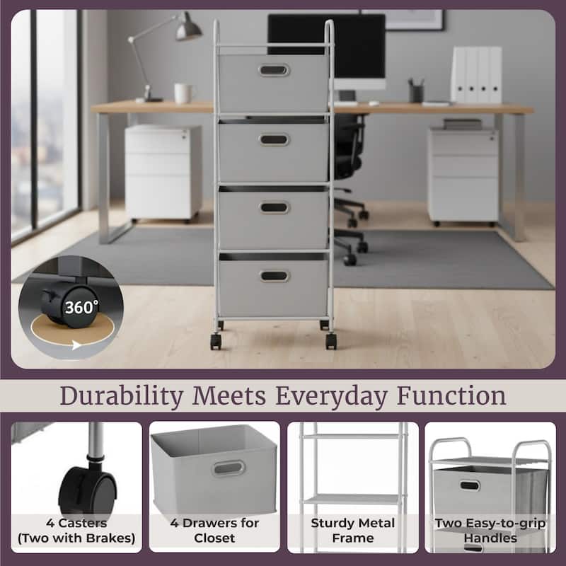 4-Drawer Fabric Dresser - Slim Clothes Storage Organizer with Wheels and Metal Frame by Lavish Home (Gray)