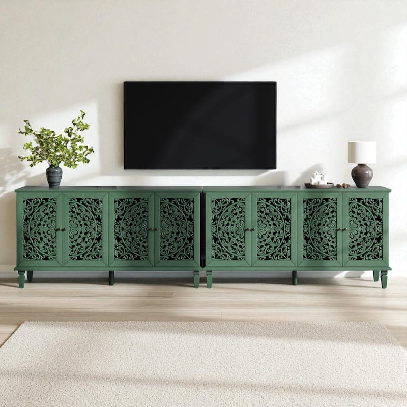 60" Antique Buffet Sideboard with Floral Carvings, Solid Wood Legs, Brass Handles & Adjustable Shelves, TV Stand up to 65"