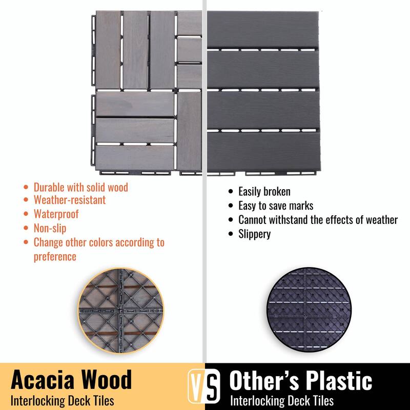 10 PCS Interlocking Deck Tiles Checker Pattern, 12" x 12" Light Gray Square Acacia Hardwood Outdoor Flooring