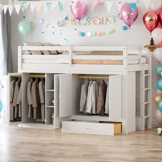 Modern Twin Size Loft Bed With Drawer,Two Wardrobes and Mirror
