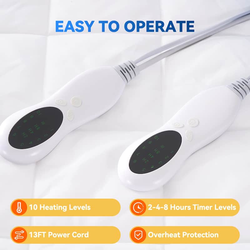 Heated Mattress Pad - 10 Heat Settings, Timer, Ultra-Soft Fabric & Even Heating - White