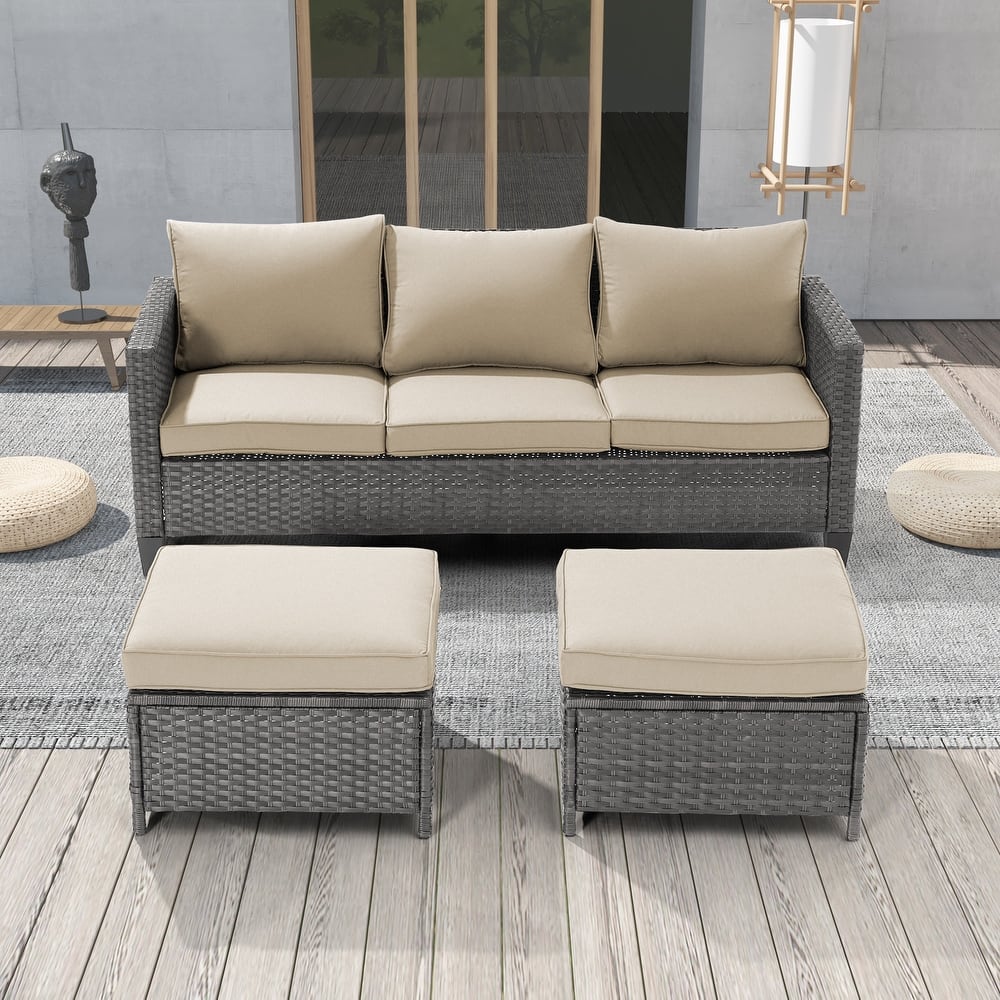 LIVOOSUN 3Pcs Patio Furniture Conversation Grey Rattan Patio Sofa Set