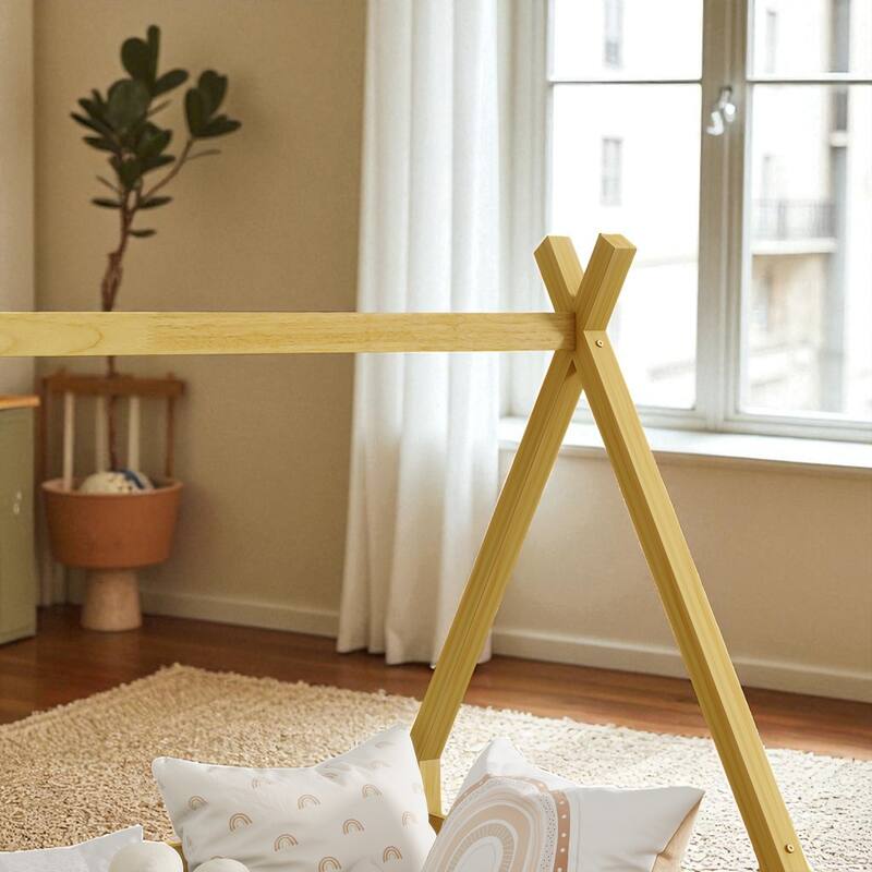 Twin Tent-Shaped Floor Bed with Guardrails, Low Platform Teepee Bed Frame with Slats, Solid Wood Design