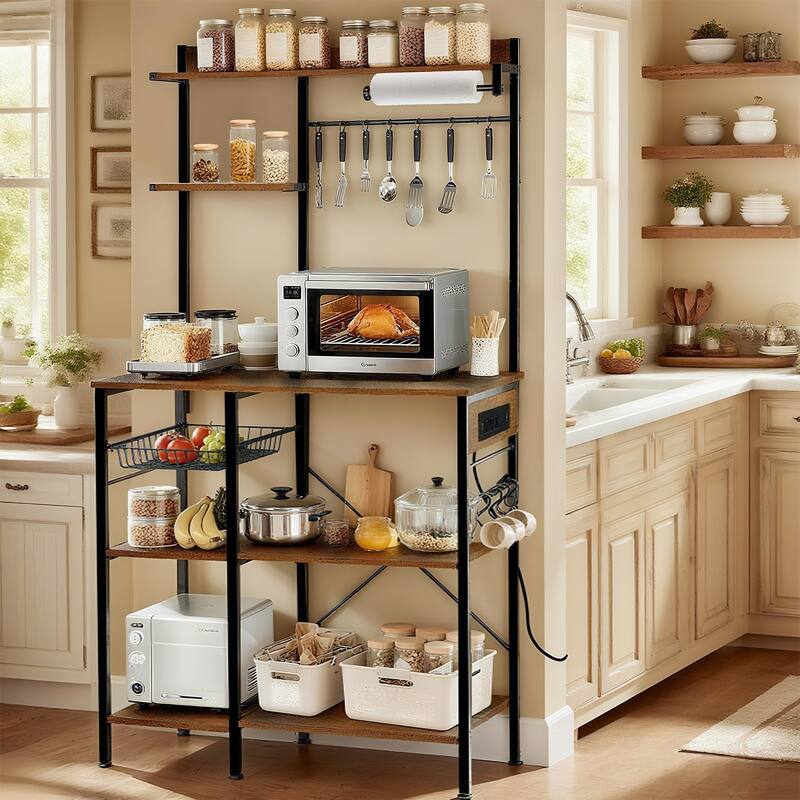 Bakers Rack with Power Outlet, Microwave Stand with Storage, Coffee Bar with S-Shaped Hooks, Kitchen Shelf with Wire Basket