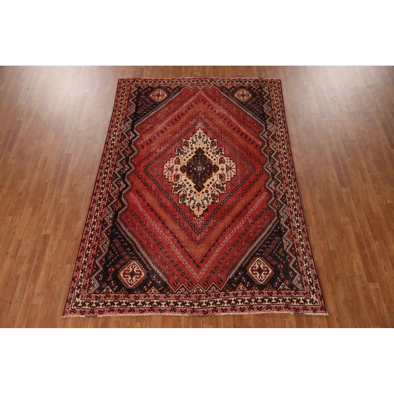 Vegetable Dye Tribal Shiraz Persian Rug Handmade Vintage Wool Carpet - 6'11"x 9'11"