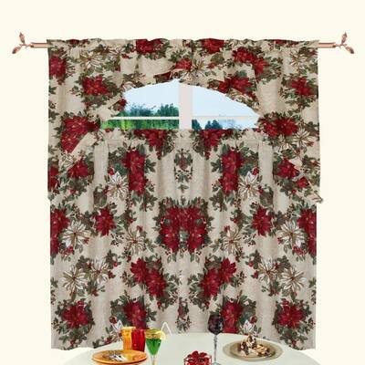Violet Linen Decorative Christmas Garden 3pc Set 60" x 18" Valance, 30" x 36" Tiers, Decorative Window Kitchen Curtain Set