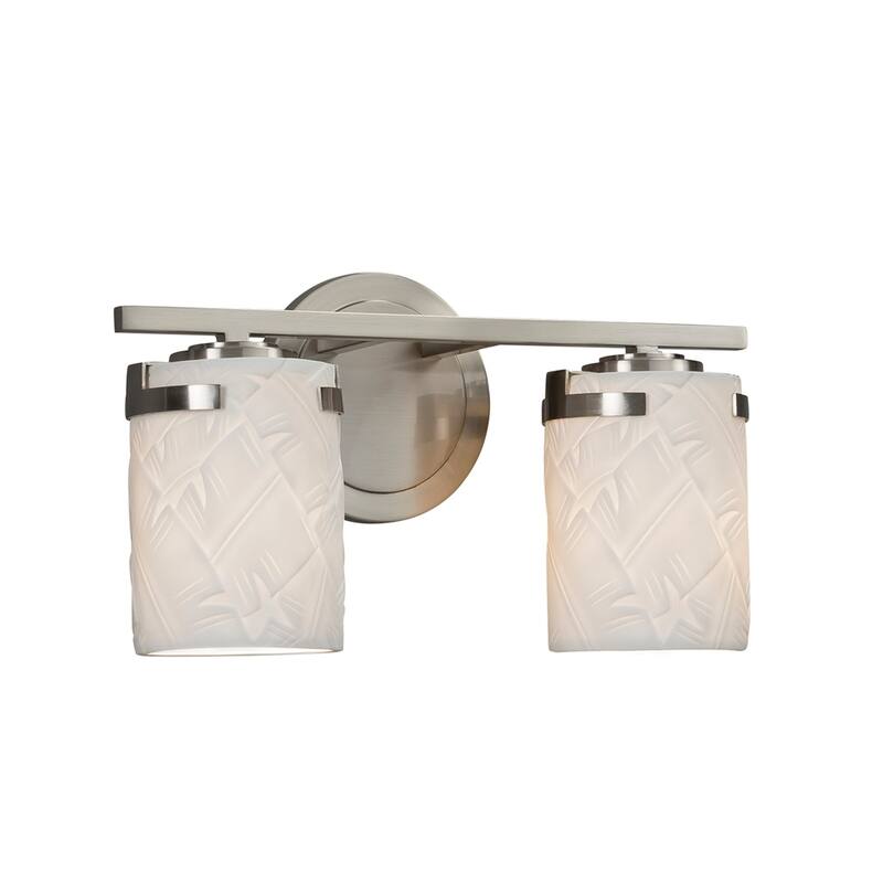 Justice Design Limoges Atlas 2-light Brushed Nickel Bath Bar, Banana leaf Cylinder - Flat Rim Shade - Silver