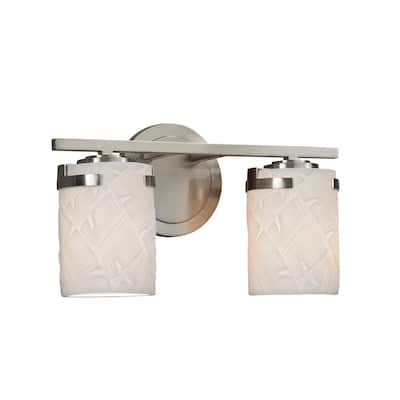 Justice Design Limoges Atlas 2-light Brushed Nickel Bath Bar, Banana leaf Cylinder - Flat Rim Shade - Silver