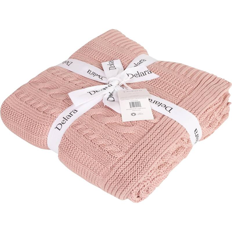 Delara Organic Cotton Throw Blanket 50x70 inches, GOTS Certified Cable Knitted Throws Blanket for Sofa Couch Bed, Baby Nursery