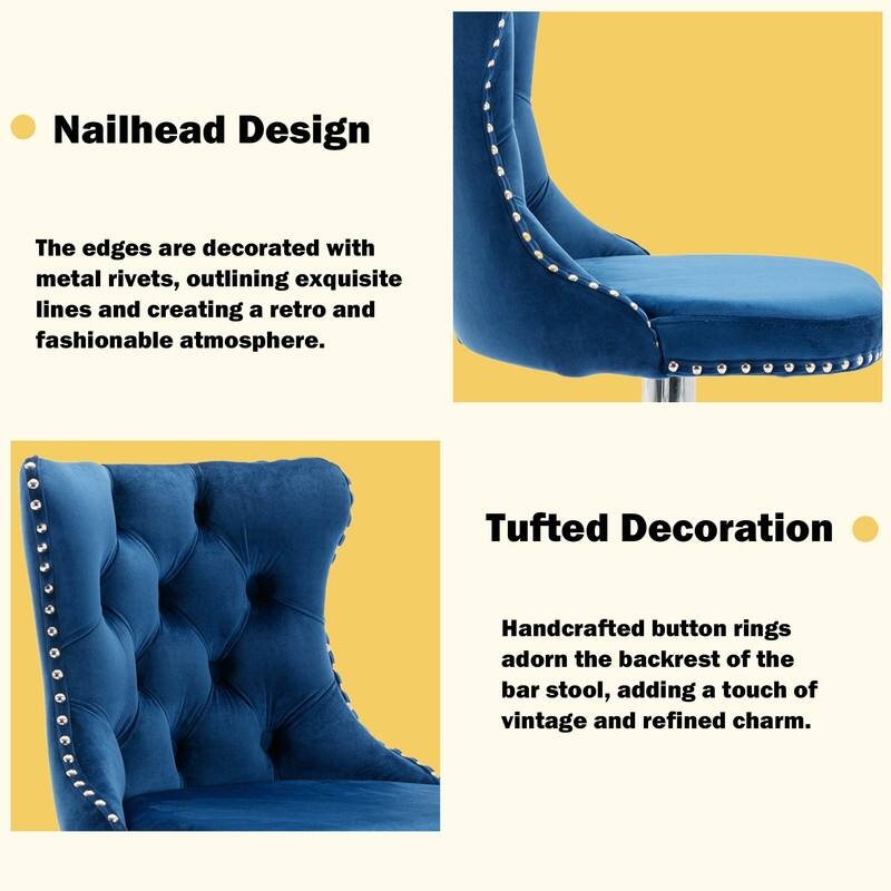 Velvet Upholstered Nailheads Tufted Swivel Bar Stools (Set of 2)