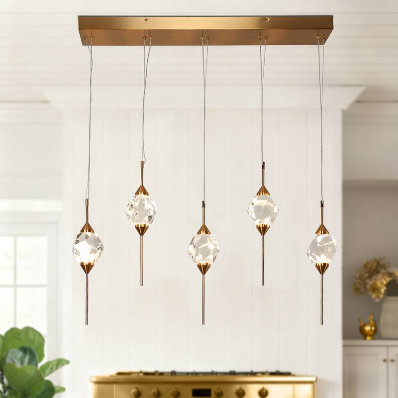 Modern Gold LED 5-Light Crystal Island Chandelier for Kitchen Island - 35.8" W x 17.3" H x 4" D