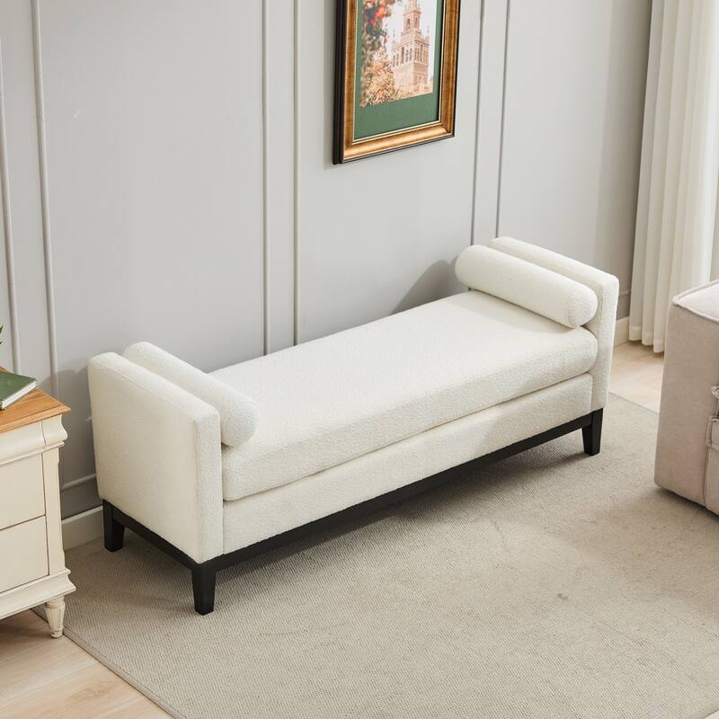 66.34"W Elegant Upholstered Bench, Ottoman with Wood Legs & 2 Bolster Pillows for End of Bed, Bedroom, Living Room, Entryway