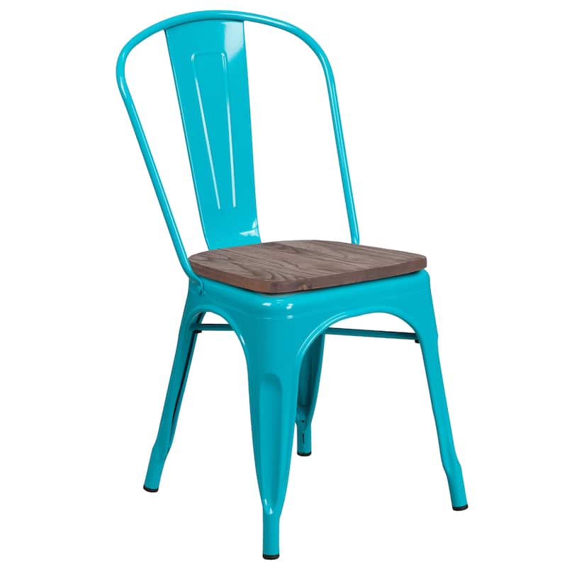 Metal Stackable Chair with Wood Seat - 17.75"W x 20"D x 33.5"H - 17.75"W x 20"D x 33.5"H - crystal teal-blue