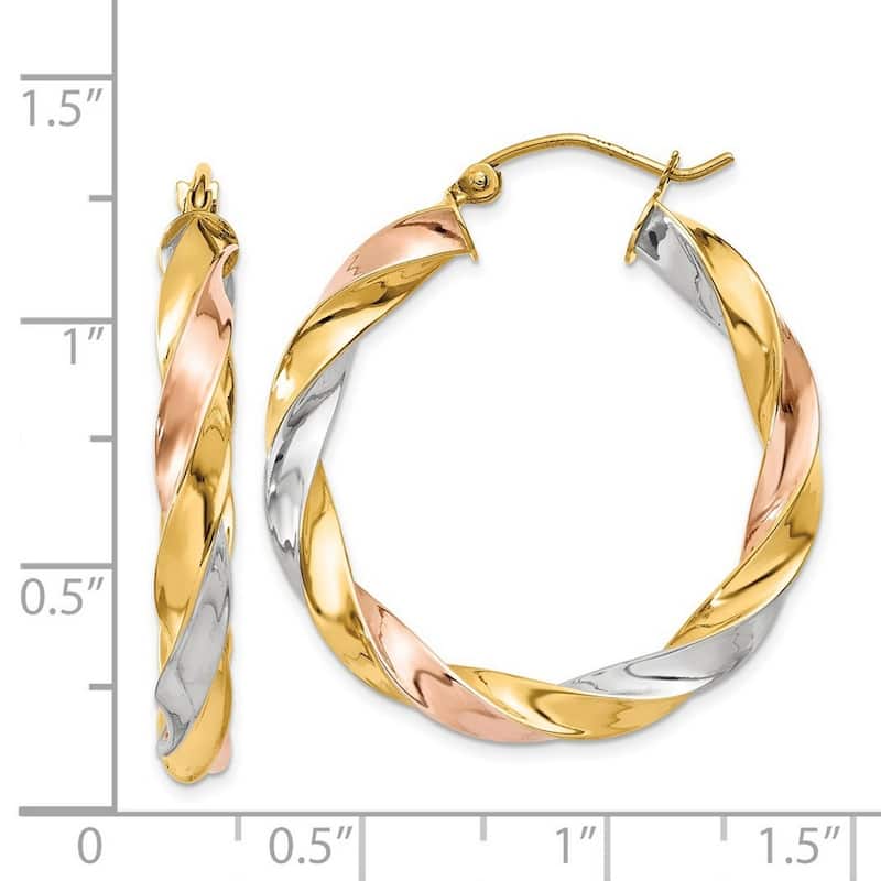 Curata 14k Tri Color Fully Polished Twisted 33x4mm Hoop Earrings