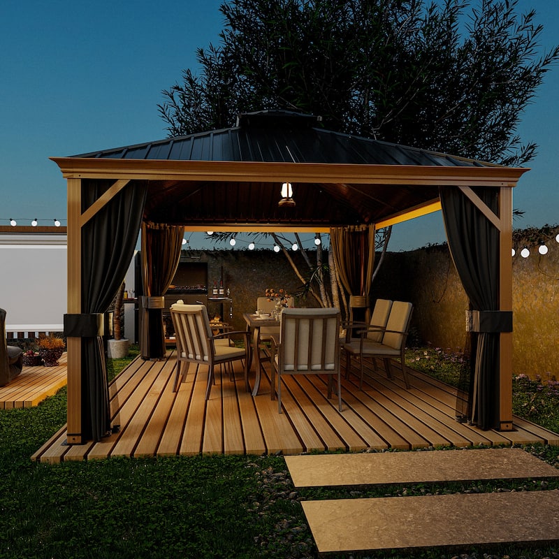 12x16ft Outdoor Double-Roof Aluminum Gazebo with Curtains and Mosquito Netting
