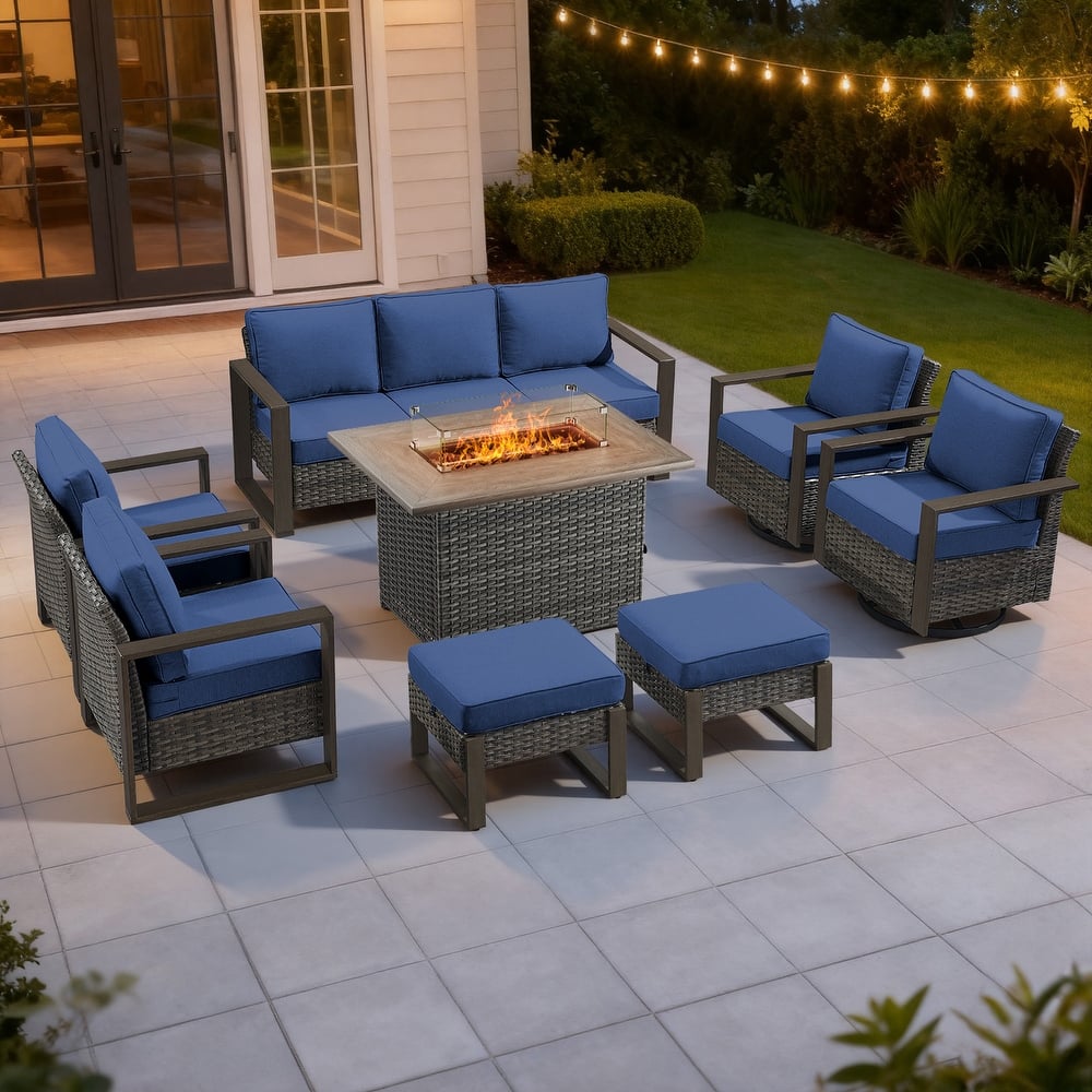 Meyreso Wicker Outdoor Patio Fire Pit Set with Swivel Gliders and Olefin Cushions