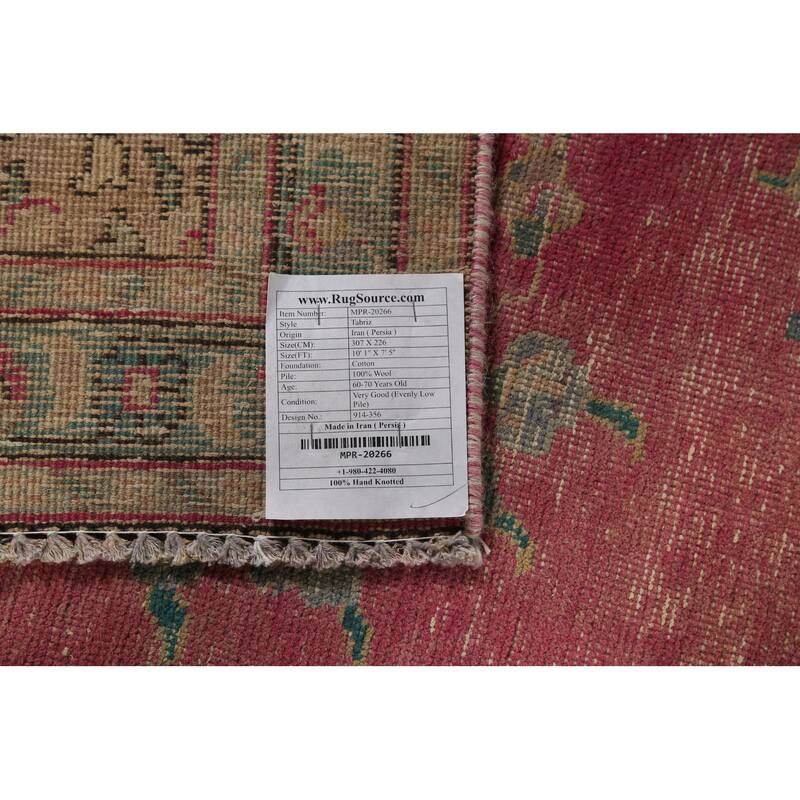Pink Tabriz Persian Antique Area Rug Handmade Wool Carpet - 7'5"x 10'1"