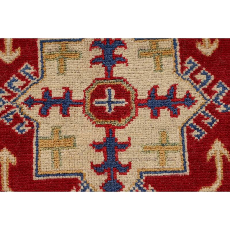 Geometric Kazak Foyer Rug Hand-Knotted Traditional Blue Wool Carpet - 2'7" x 3'11"