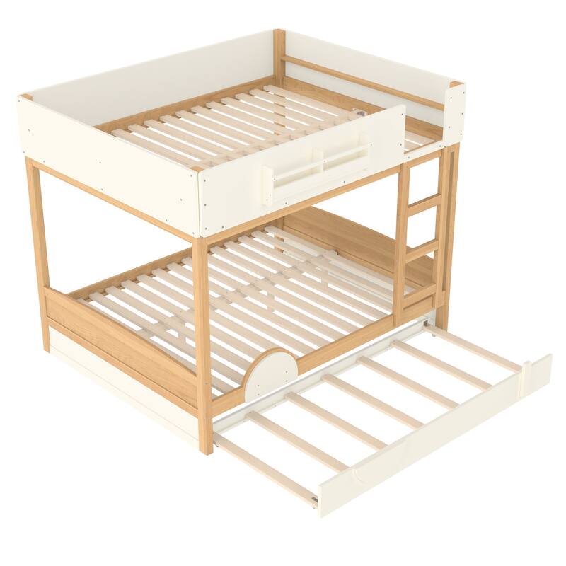 Kids Bed Wooden Bunk Bed with Trundle and Built-in Storage Bookshelves