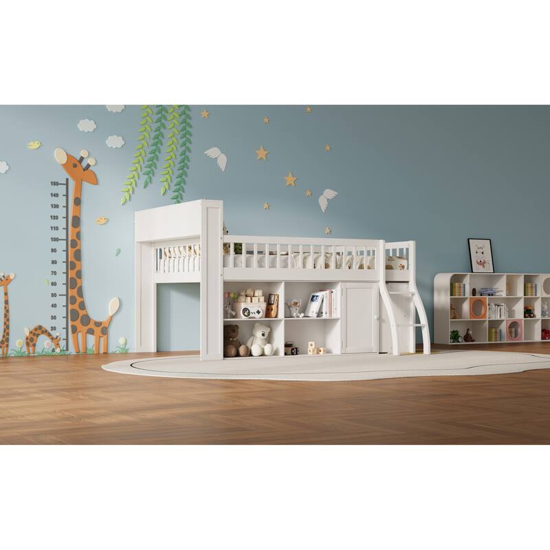 Roomfitters Full/Queen Loft Bed with Storage Shelves and LED Headboard