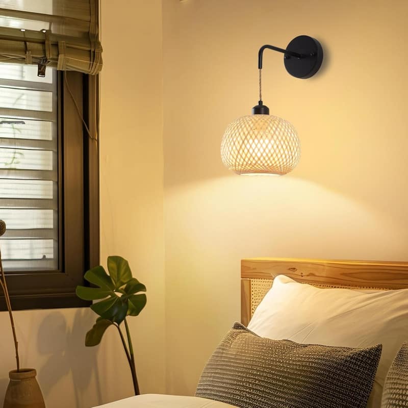 2 Pack wall sconces black wall lighting bamboo, metal wireless wall sconce