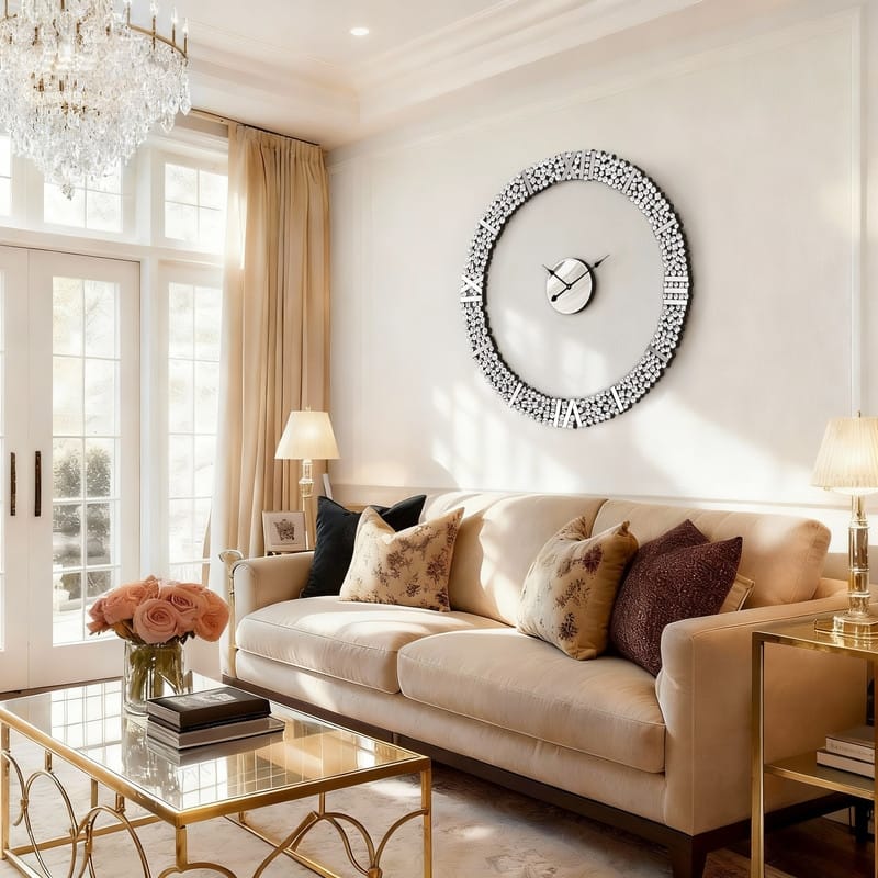 Foldable-Frame Round Wall Clock Adorned with Crystals