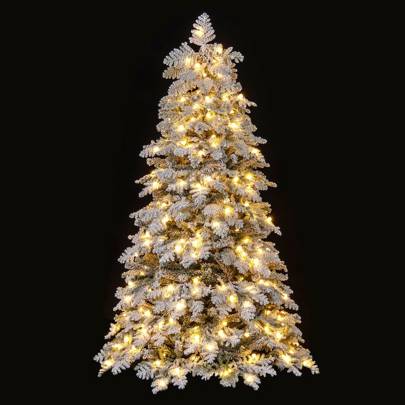 Gymax Pre-Lit Artificial Christmas Tree Hinged Snow Flocked Xmas Tree