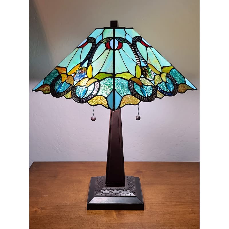 Tiffany Style Table Lamp 20" Tall Stained Glass White Decor Nightstand Bedroom Handmade Gift Amora Lighting