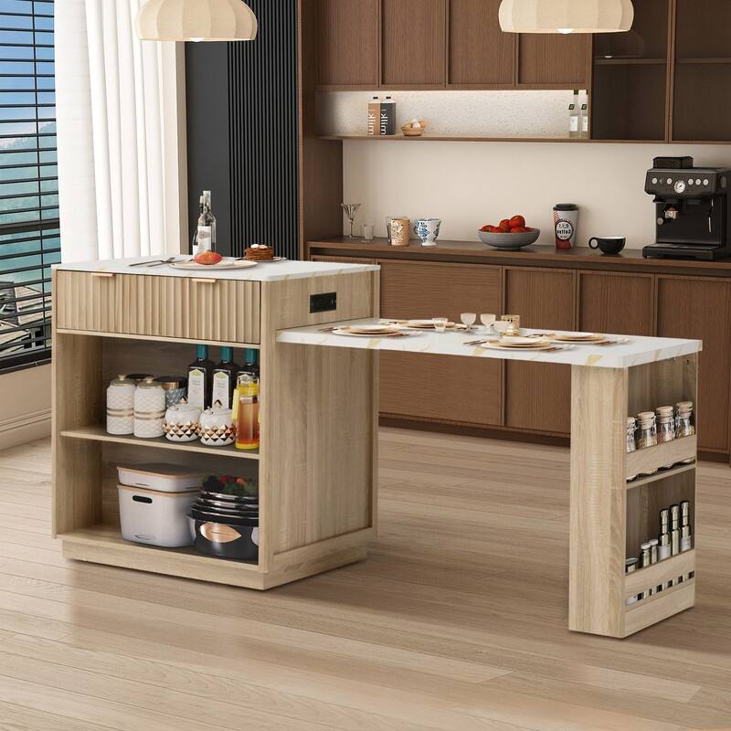 82.6" Fluted Kitchen Island with Extendable Dining Table and Power Outlet for Modern Kitchen Spaces