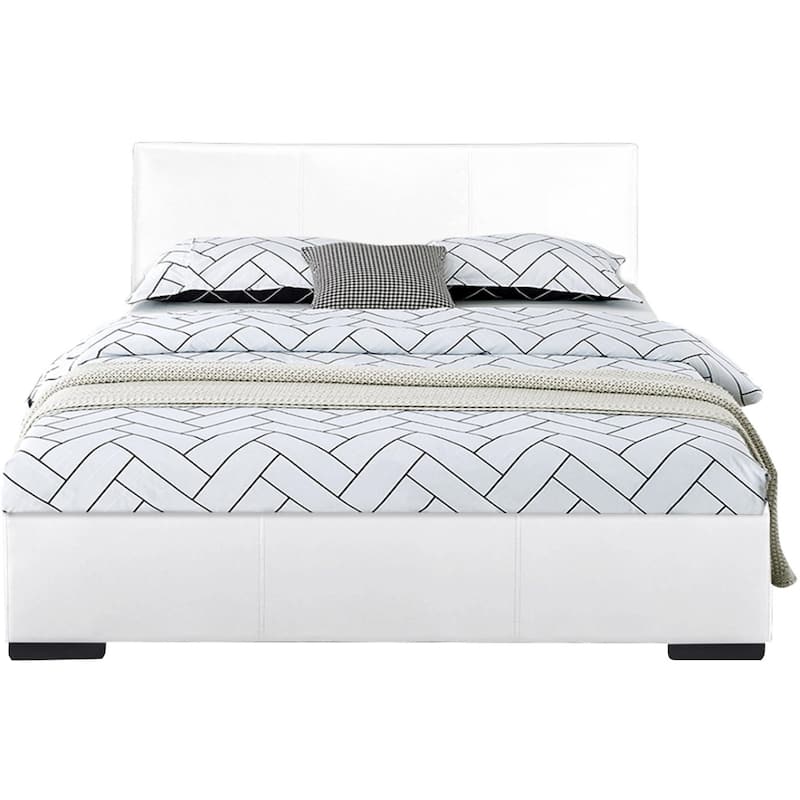 White Faux Leather Queen Bed Frame with Upholstered Panel Headboard and Slats