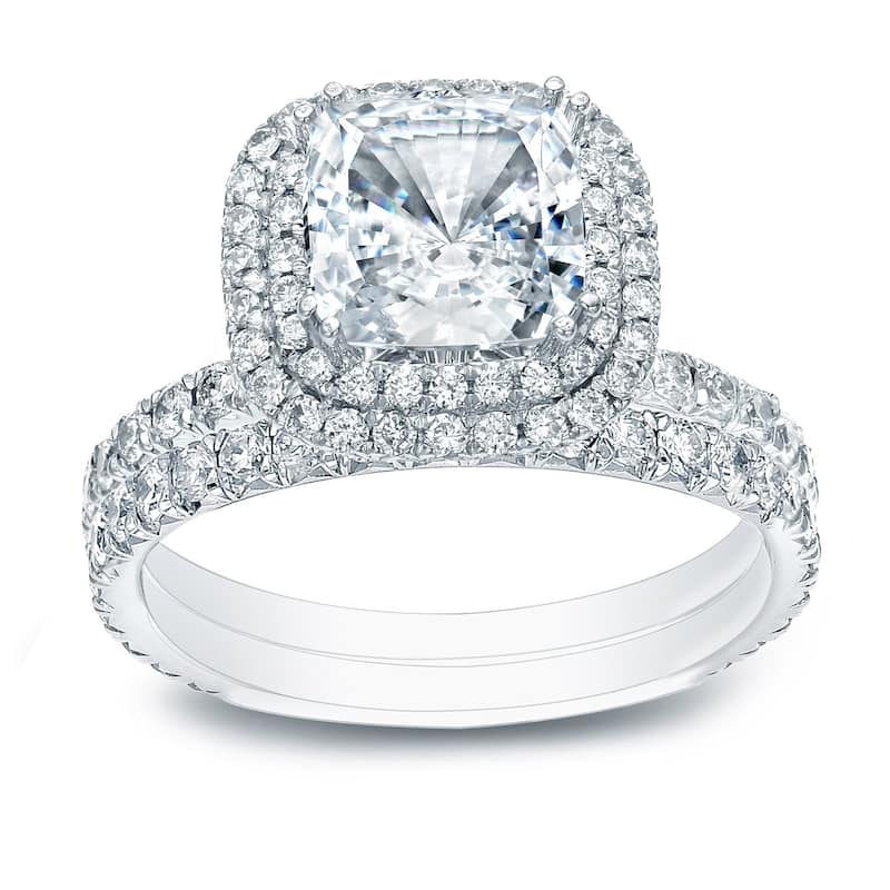 Auriya 2ctw Cushion-cut Halo Diamond Engagement Ring Set 14k Gold Certified - White - 6.5