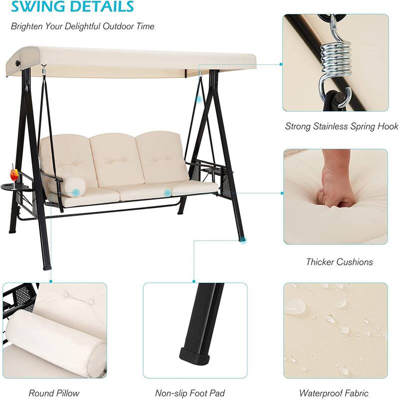 AECOJOY 3-Seat Porch Swing Chair, Patio Swing Chair w/ Cushions