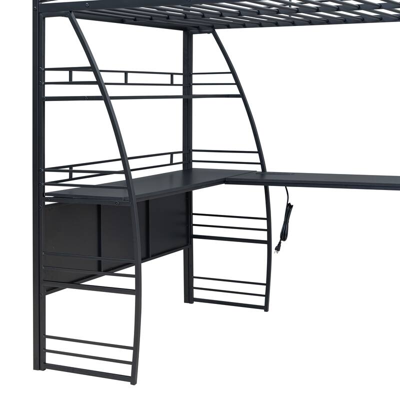 Full/Twin Loft Bed with L-Shaped Desk, 4 Storage Shelves, Sockets, USB Ports, Wireless Charging, and Metal Frame