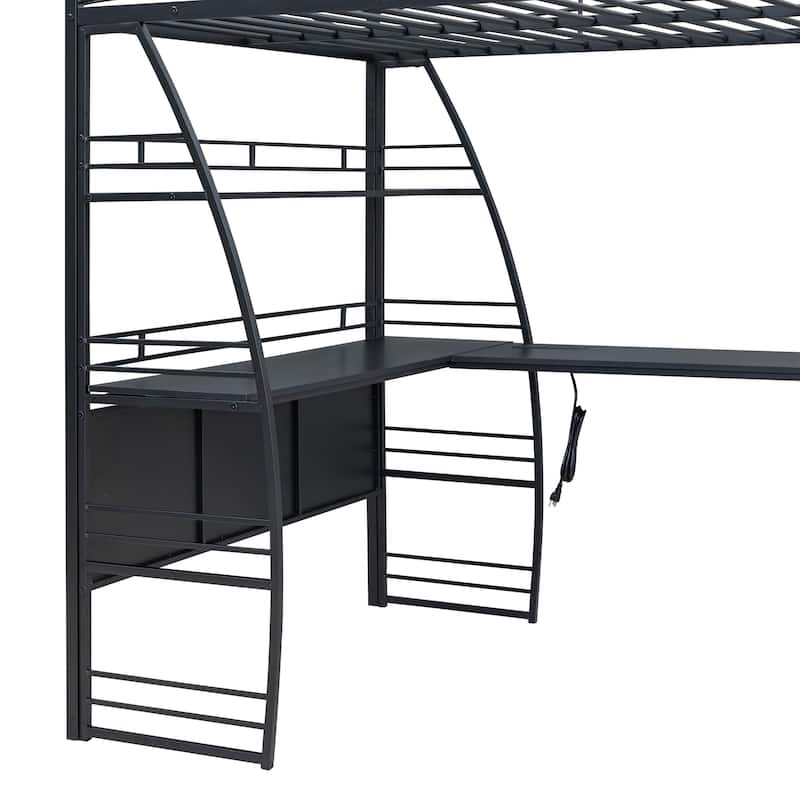 Metal Loft Bed Frame, Under Bed with 4 Layers of Shelves & L-shaped Desk, Desktop with Sockets, USB Ports, Wireless Charging