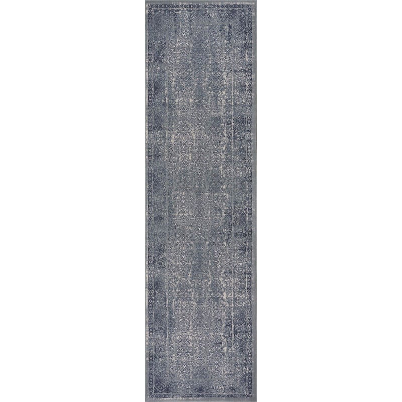 Sevita Carved Transitional Damask Polyester Area Rug, Blue and Silver
