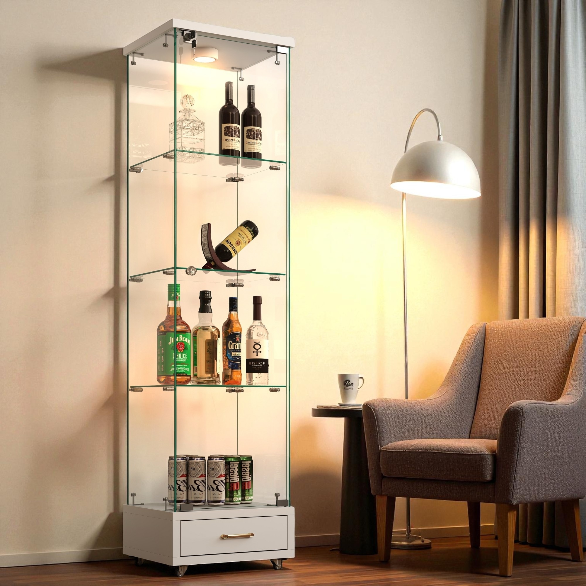 Modern Tempered Glass Display Cabinet with Drawer and 13-Color LED Lights, 4-Shelf 1-Door Bookshelf for Living Room or Bedroom.