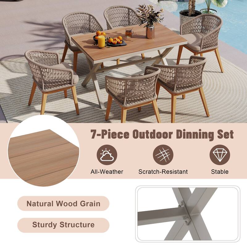 Outdoor 7-Piece Dining Chair with Rope-woven Backrest and Table Set