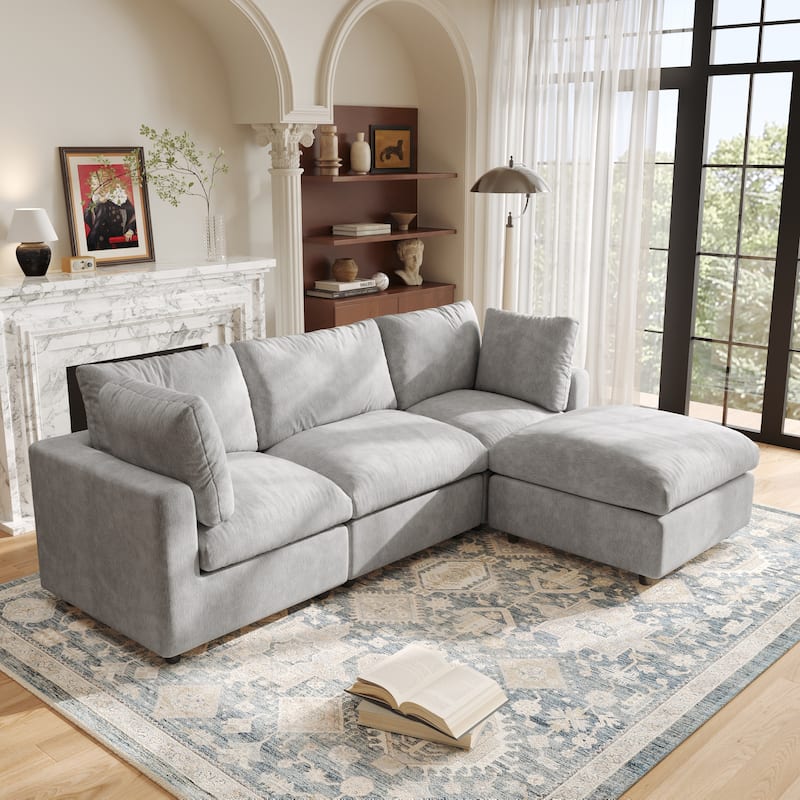 3 Seat Sectional Sofa Comfy Cloud Couch for Living Room Modern Sofa Sleeper Deep Couches with Ottoman - Grey