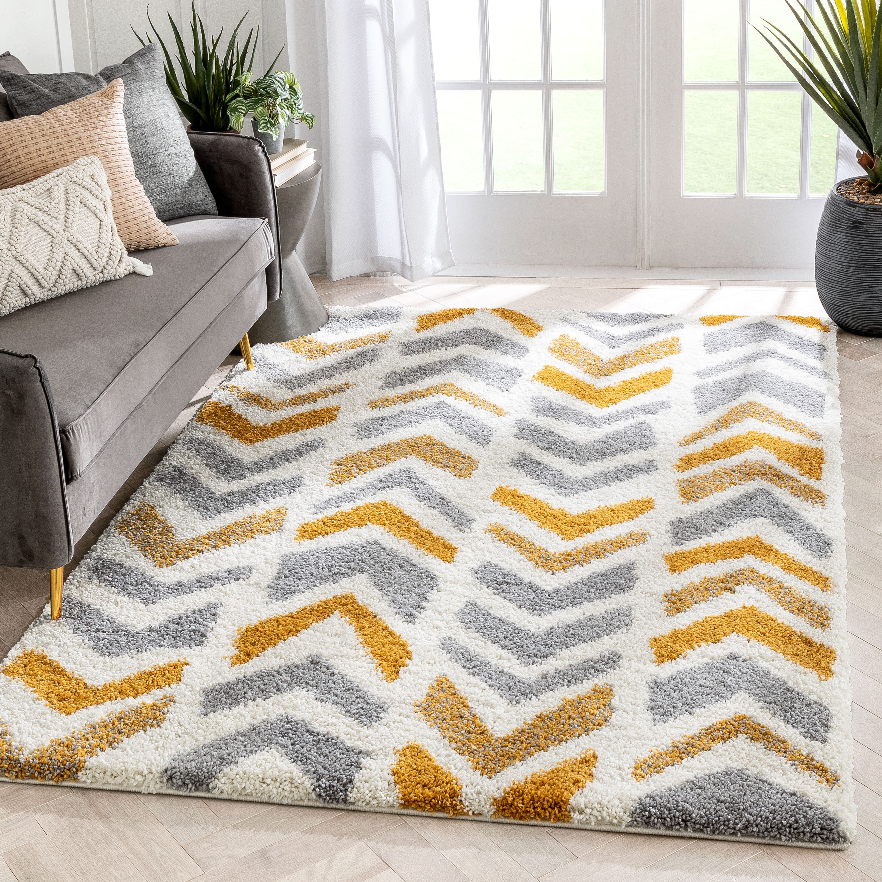 Zig Zag Rug Mustard Yellow Grey Pattern Living Room Carpet Mats Small Large XL 
